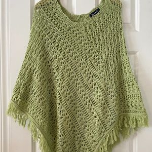 Crochet pale green poncho Shawl with fringe